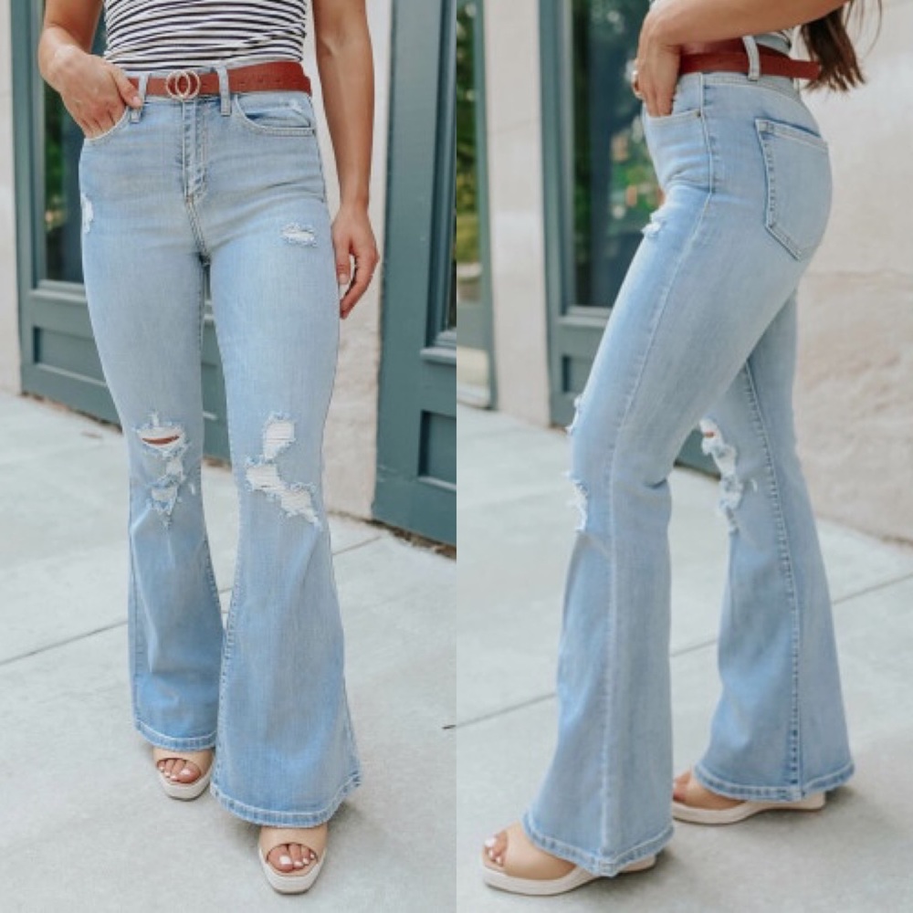 Boutique light wash high rise distressed flare bell bottom jeans